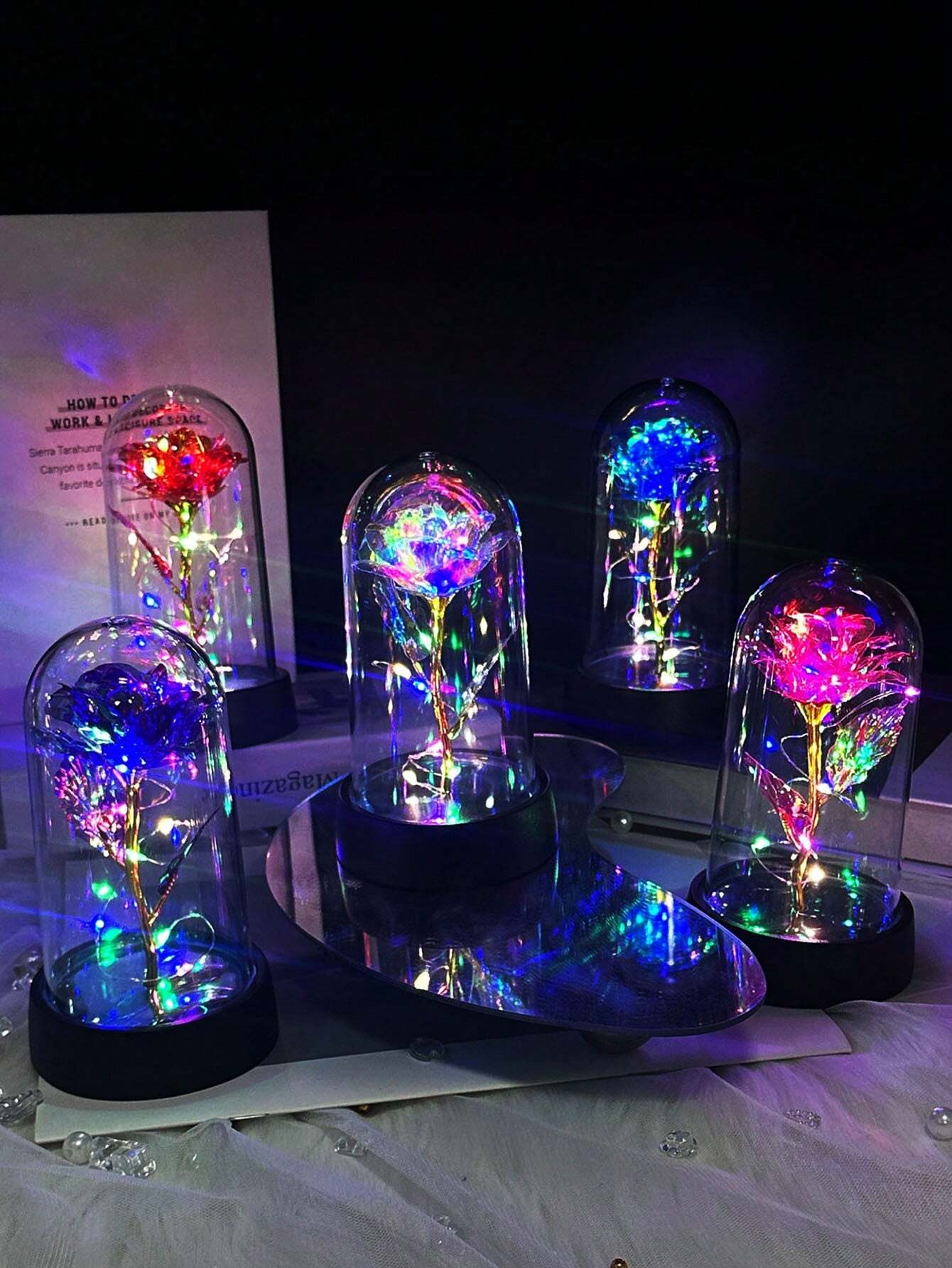 Prezent na Boże Narodzenie w Walentynki w pudełku ze sztuczną różą i plastikową osłoną, podświetlana ozdoba dekoracyjna, wieczny kwiatowy prezent na Dzień Matki, urodziny, rocznicę, pamiątkę, Walentynki, prezent