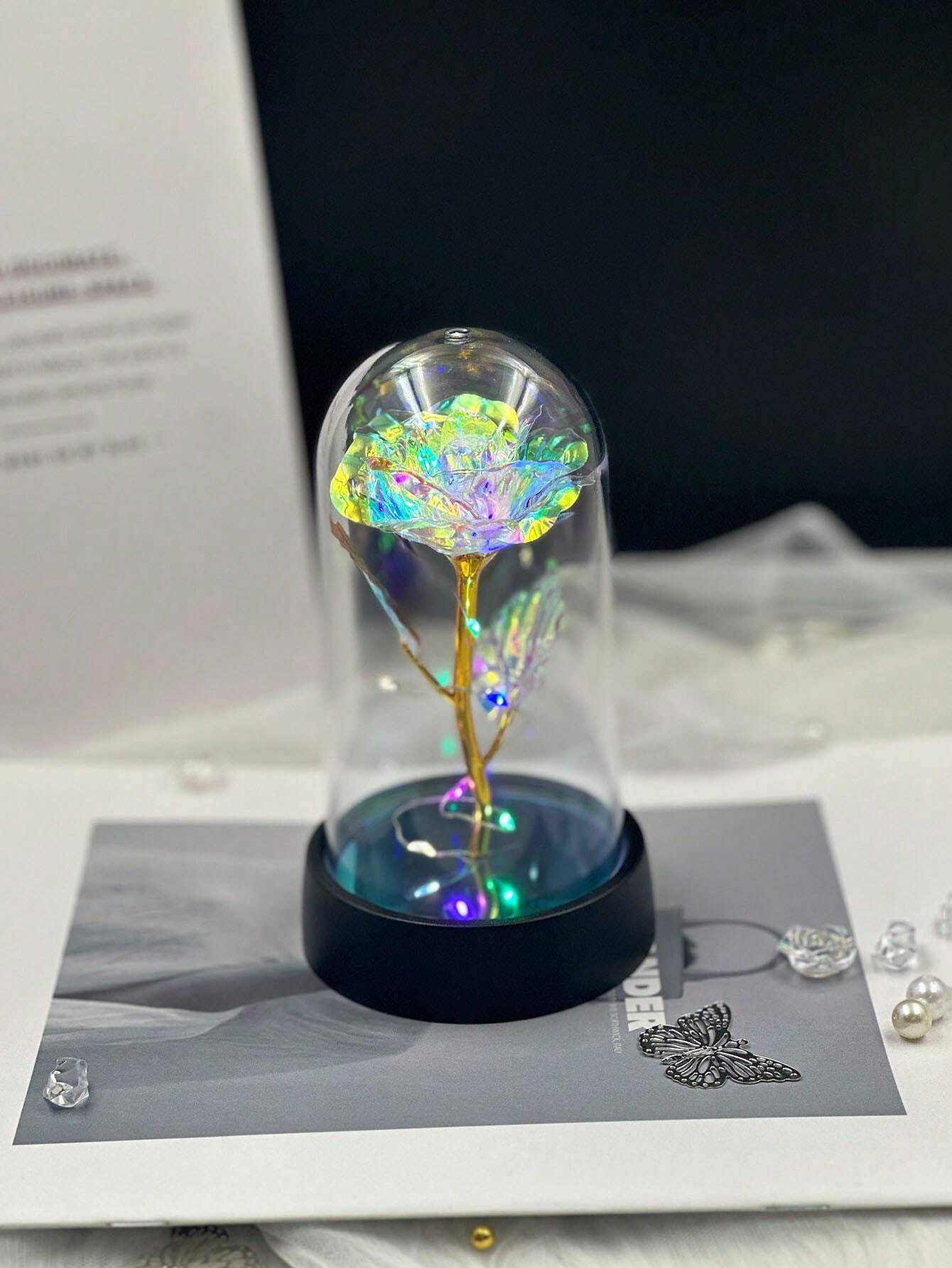 Prezent na Boże Narodzenie w Walentynki w pudełku ze sztuczną różą i plastikową osłoną, podświetlana ozdoba dekoracyjna, wieczny kwiatowy prezent na Dzień Matki, urodziny, rocznicę, pamiątkę, Walentynki, prezent