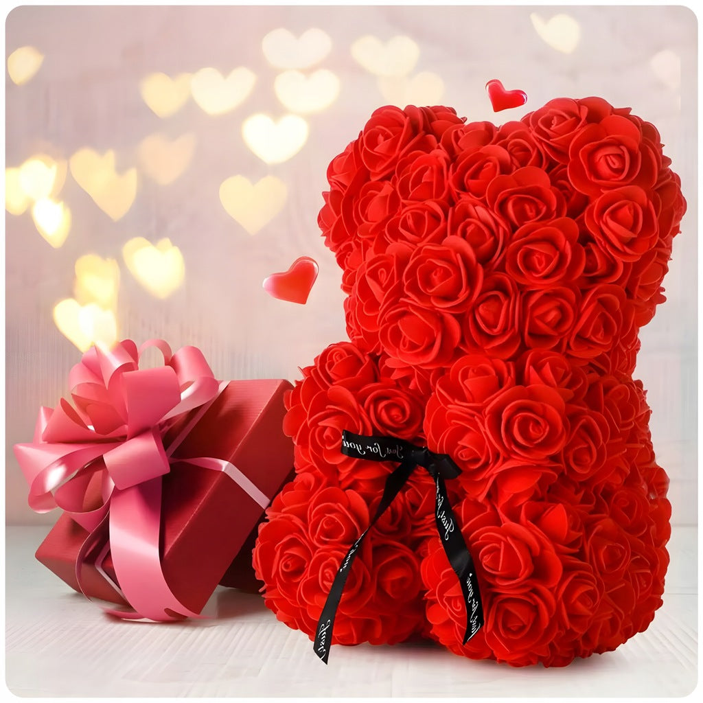 MIŚ Z RÓŻ 25 CM DUŻY Z PŁATKÓW RÓŻ PREZENT NA DZIEŃ BABCI+ ZŁOŻONE PUDEŁKO