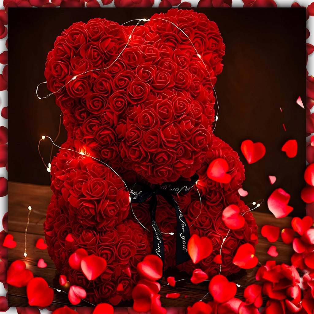 MIŚ Z RÓŻ 25 CM DUŻY Z PŁATKÓW RÓŻ PREZENT NA DZIEŃ BABCI+ ZŁOŻONE PUDEŁKO