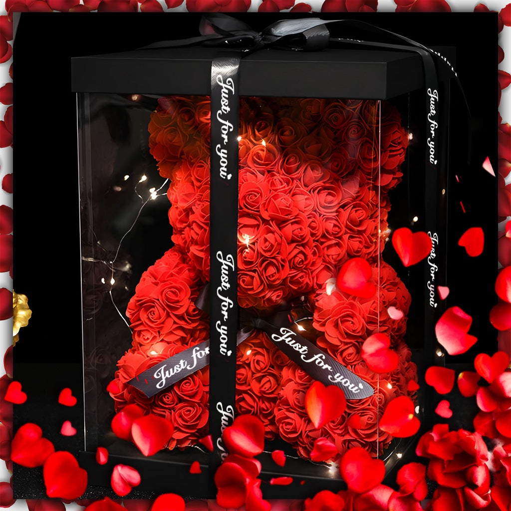 MIŚ Z RÓŻ 25 CM DUŻY Z PŁATKÓW RÓŻ PREZENT NA DZIEŃ BABCI+ ZŁOŻONE PUDEŁKO