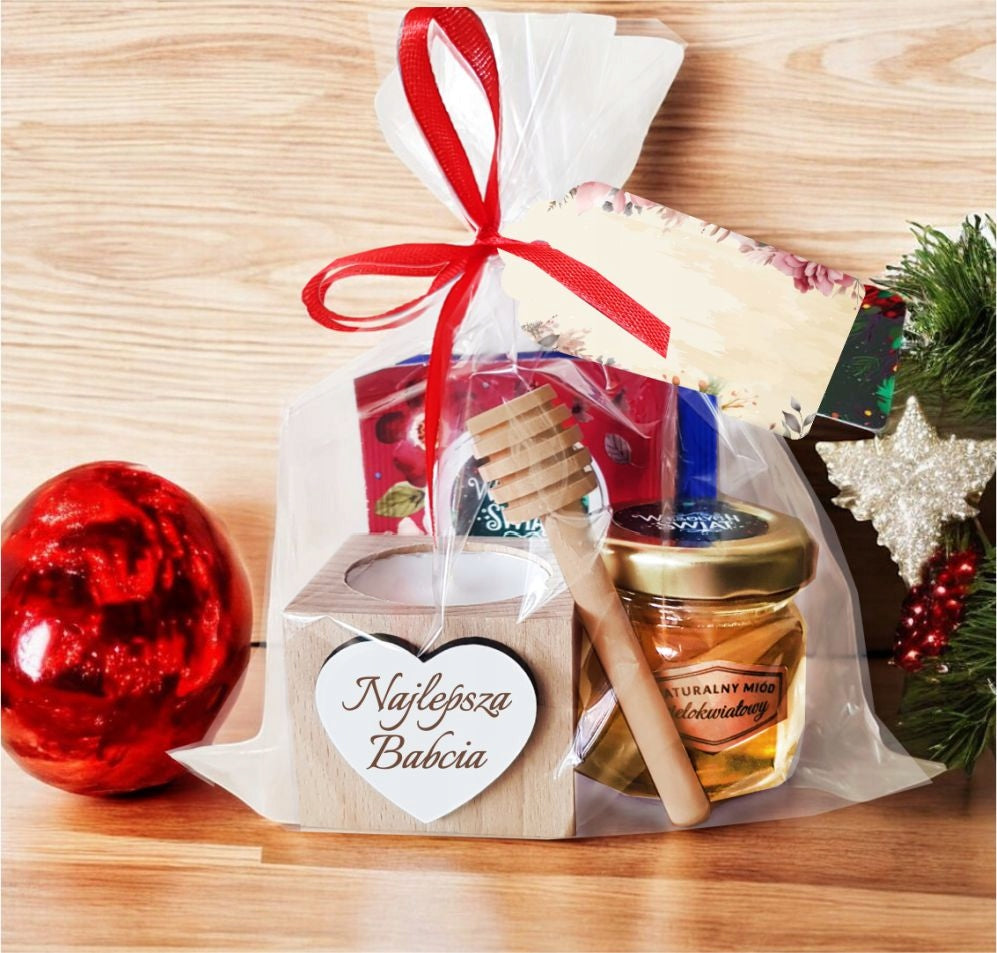 PREZENT NA DZIEŃ BABCI I DZIADKA 2szt. ZESTAW KOSZ PREZENTOWY MIÓD HERBATA