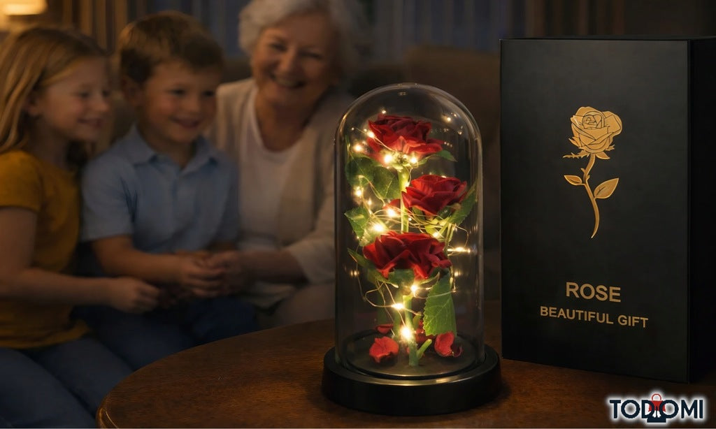 WIECZNA RÓŻA W SZKLE LED ŚWIECĄCA PIĘKNY PREZENT NA DZIEŃ BABCI I DZIADKA LUB NA WALENTYNKI