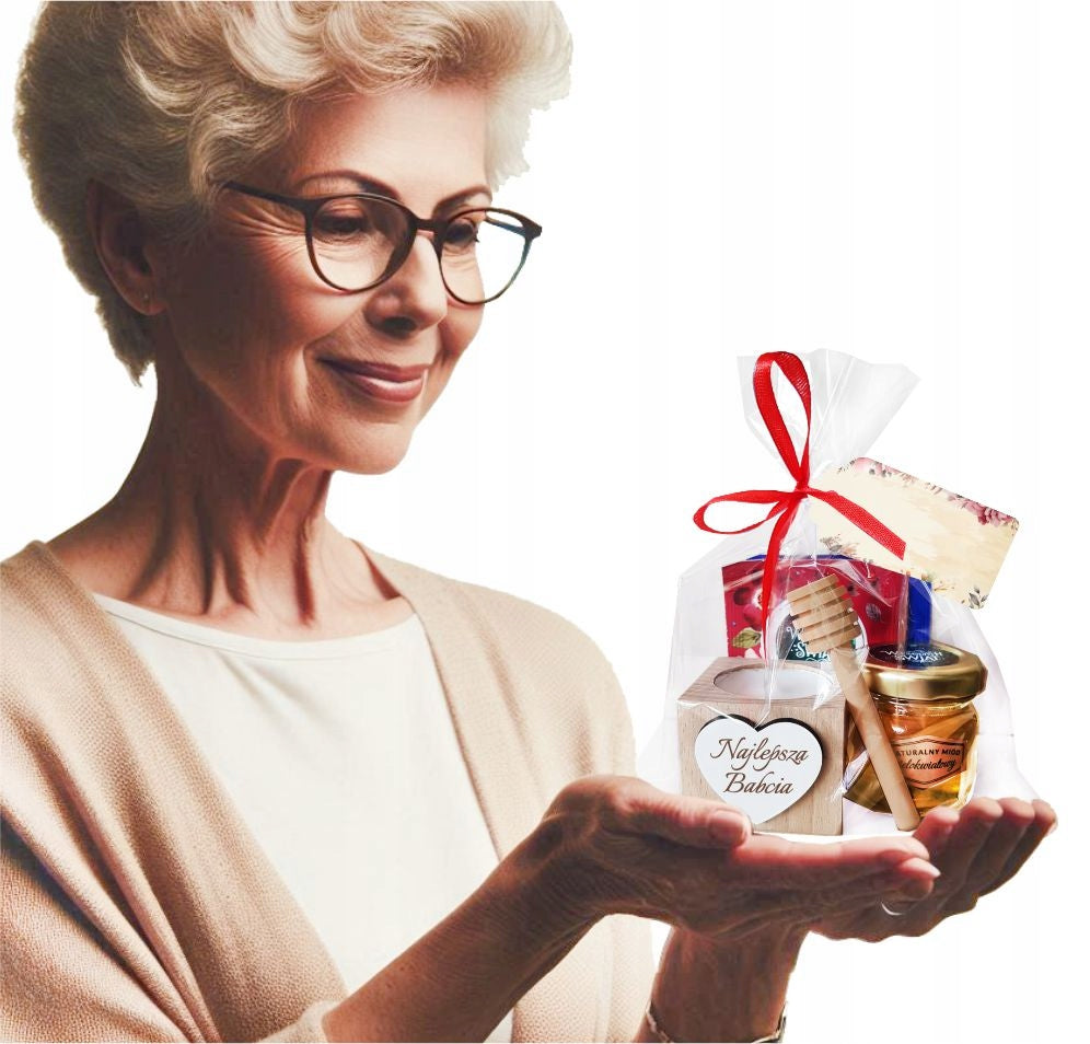 PREZENT NA DZIEŃ BABCI I DZIADKA 2szt. ZESTAW KOSZ PREZENTOWY MIÓD HERBATA