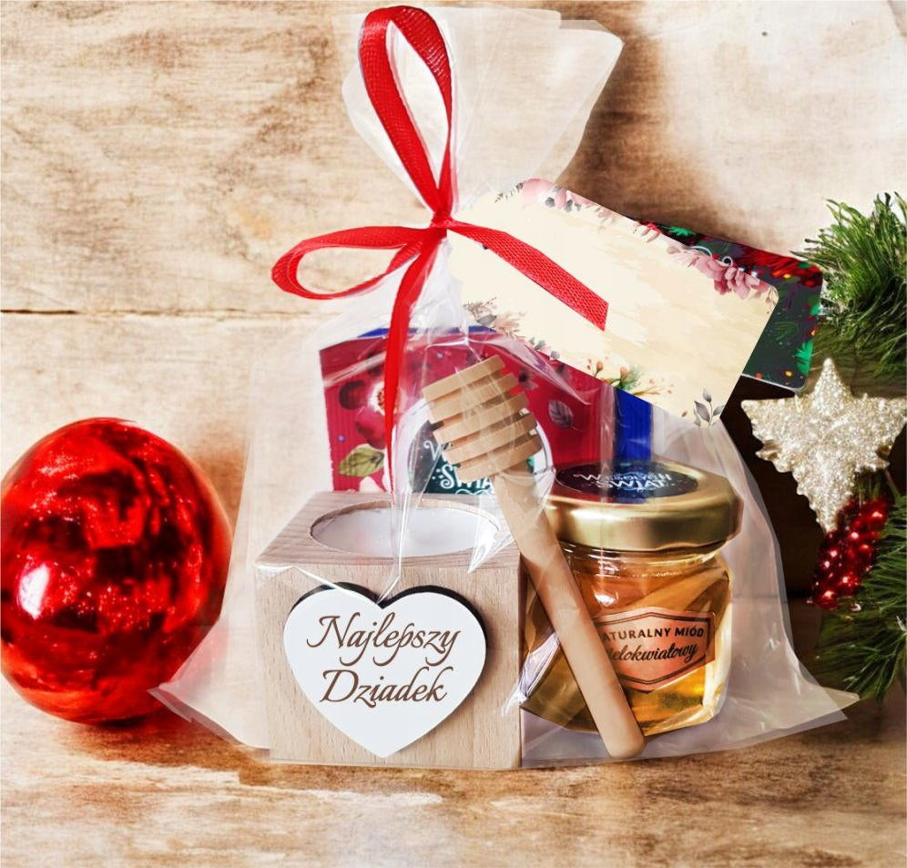 PREZENT NA DZIEŃ BABCI I DZIADKA 2szt. ZESTAW KOSZ PREZENTOWY MIÓD HERBATA