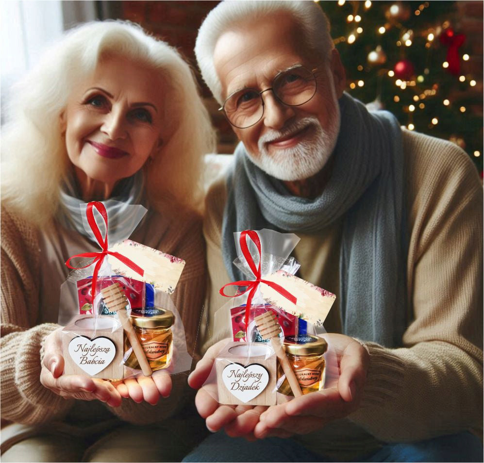 PREZENT NA DZIEŃ BABCI I DZIADKA 2szt. ZESTAW KOSZ PREZENTOWY MIÓD HERBATA